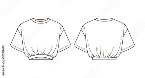 Fashion technical drawing of oversized crop T-shirt with elastic band. Crop top fashion flat sketch