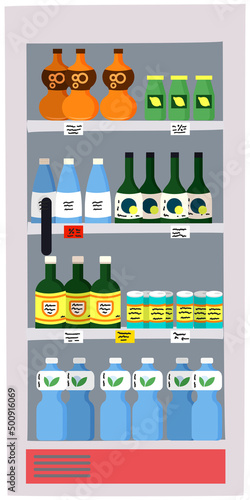 Showcase refrigerator for cool drinks in bottles. Fridge dispenser cooling machine with lemonades and water in plastic and glass containers. Cooling equipment for supermarket, grocery store