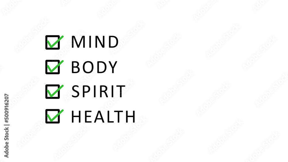 Mind Body Spirit Health with Box and Tick Sign on White Background