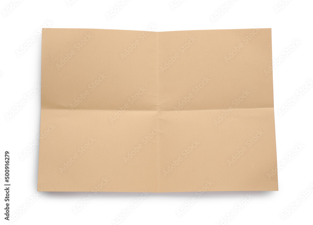 Sheet of brown paper on white background, top view