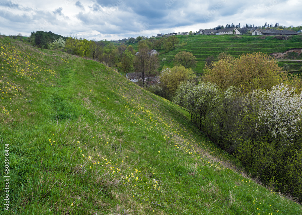 Spring rural hills landscape with terrace fields, farm flowering trees, hilly meadows. Sutkivtsi village, Khmelnytsky region, Ukraine.