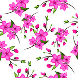 Vector seamless pattern of peach blossom branch. Pink flowers with leaves.