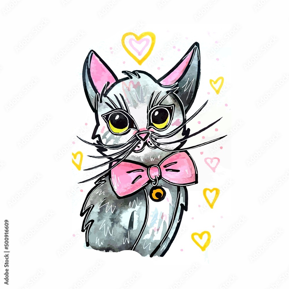 Fototapeta premium Drawing of a red cat, a cat for children. marker illustration. cute kitty with big eyes.