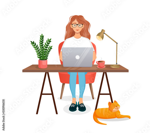 Woman sits at a table, works at home at a computer. Remote work, freelance, home office, programming, training. Cozy working interior with a cat. Vector illustration