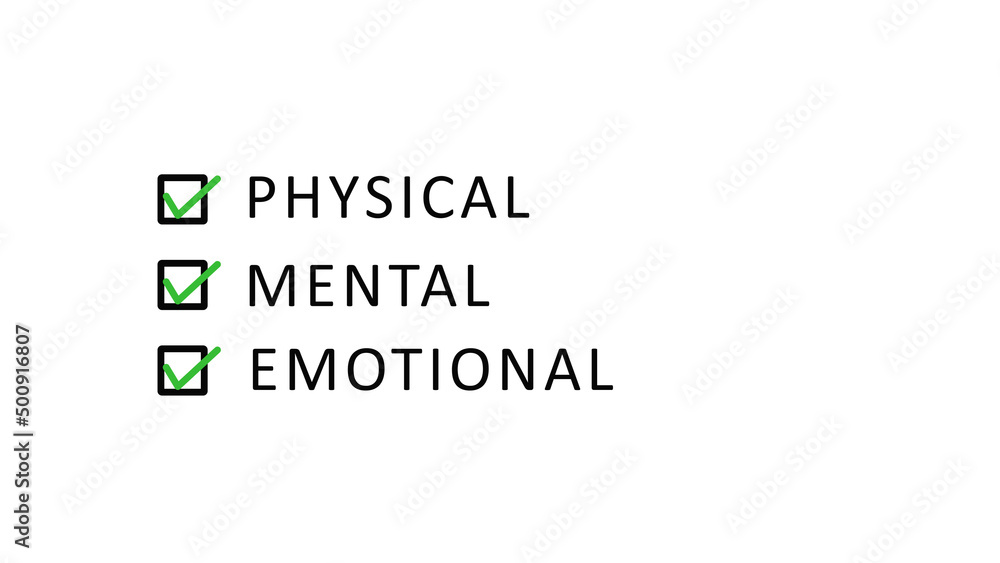 Physical Mental Emotional Well Being Health with Box and Tick Sign on White Background