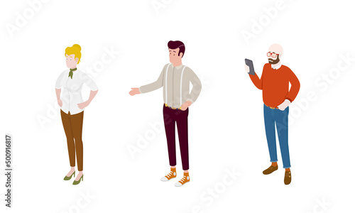 Set of different isometric people on white. Vector illustration flat design isolated. Male and female characters. Office and casual clothes.