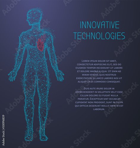 Polygonal human body with anatomical heart. Treatment of diseases, heartache, heart attack diagnostics. Medical research of internal organ, innovative approach. Organ of human cardiovascular system