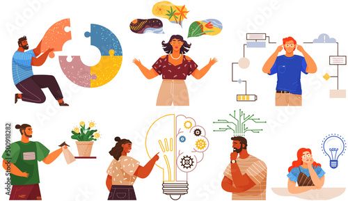 Mindset types set structural, analytical, logical and creative artistic personality predisposition, people with different thinking concept. Mind behavior, mental perceiving, psychological concept