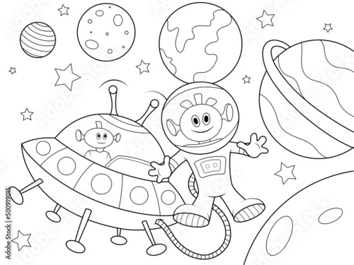 Aliens in space, space background. Children coloring book.