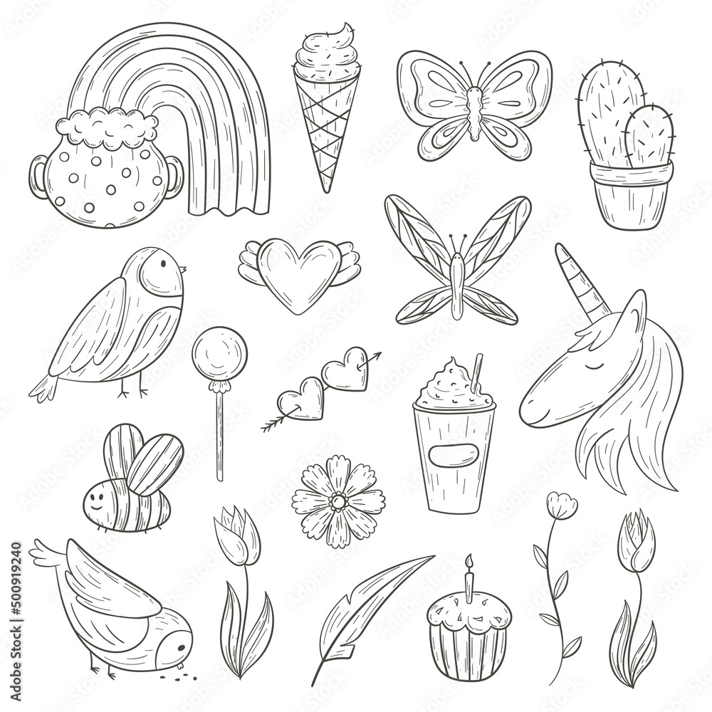 Set of vector doodle cute isolated elements, sweets, flowers, animals. Set of vector doodle cute isolated elements, sweets, flowers, animals.