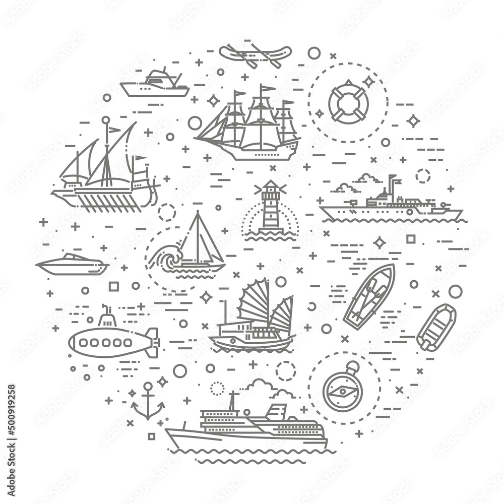 Illustration of ships and boats. Banner