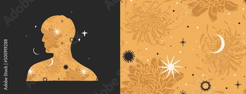 Hand drawn vector abstract stock flat graphic illustrations set with logo element,bohemian astrology magic art of galaxy space,crescent moon,stars,sun and human silhouette,simple style for branding.