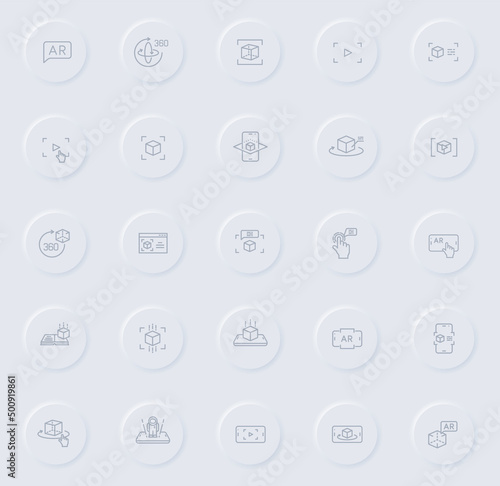 augmented reality line gray icons on round rubber buttons. augmented reality icon set for web, mobile apps, ui design and promo business polygraphy