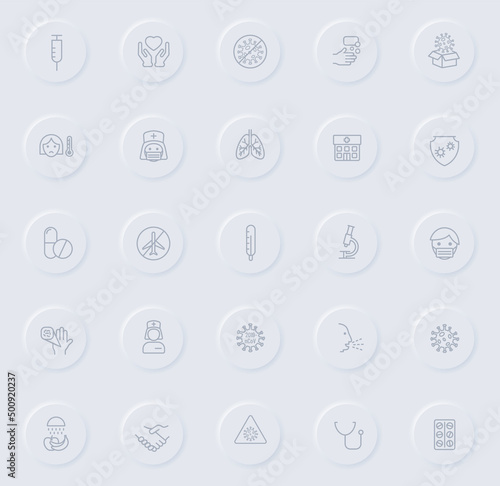 coronavirus line gray icons on round rubber buttons. coronavirus icon set for web, mobile apps, ui design and promo business polygraphy