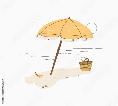 Hand drawn vector abstract stock graphic summer time cartoon,minimalistic illustrations print,with beautiful boho umbrella and picnic on tropical beach solated on white background.