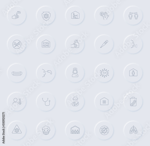 coronavirus line gray icons on round rubber buttons. coronavirus icon set for web, mobile apps, ui design and promo business polygraphy