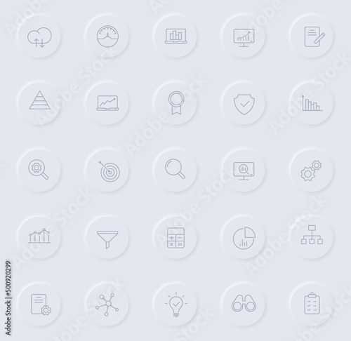 data analytics line gray icons on round rubber buttons. data analytics icon set for web, mobile apps, ui design and promo business polygraphy