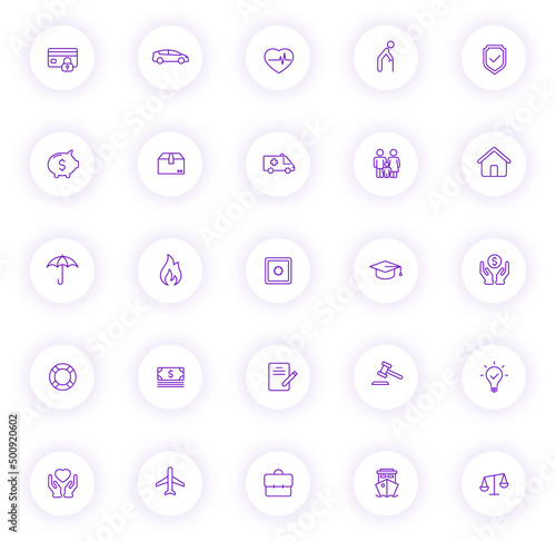 insurance purple color outline icons on light round buttons with purple shadow. insurance icon set for web, mobile apps, ui design and print