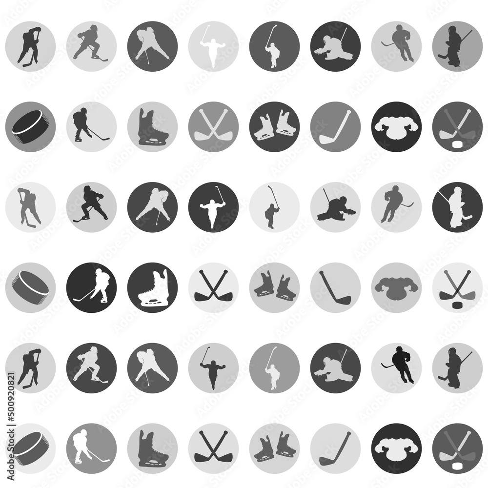Seamless sports pattern from the collection of shades of gray hockey icons in a round frame. Vector illustration of isolated elements on a white background. Seamless sports pattern from the collection of shades of gray hockey icons in a round frame. Vector illustration of isolated elements on a white background.