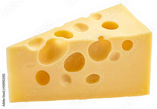 Swiss cheese triangle isolated on white background, full depth of field
