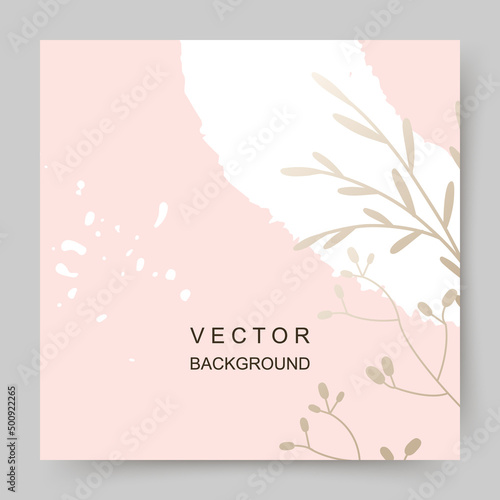 Pink gold square abstract background. Minimal floral elements and texture. Editable vector template for card, banner, invitation, social media post, poster, mobile apps, web ads