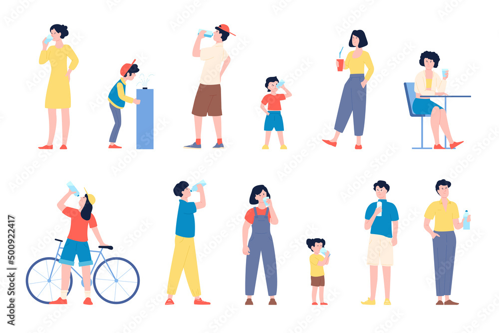 Fototapeta premium People drinking water. Adults and kids drink clean aqua from glass and bottles. Flat characters in heat or hot summer. Thirst after sport workout recent vector set
