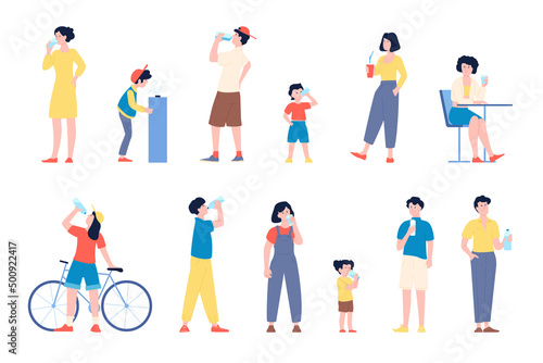 People drinking water. Adults and kids drink clean aqua from glass and bottles. Flat characters in heat or hot summer. Thirst after sport workout recent vector set