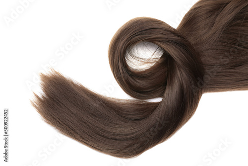 Beautiful strand of dark brown hair on white background  top view