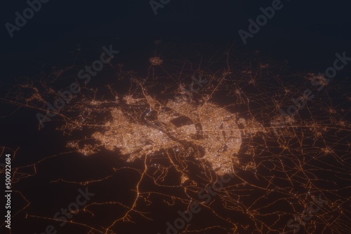 Aerial shot of Mosul (Iraq) at night, view from south. Imitation of satellite view on modern city with street lights and glow effect. 3d render