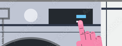 Hand select settings for laundry on modern digital display and view of automatic washing machine with touch screen on control pantel flat vector illustration.