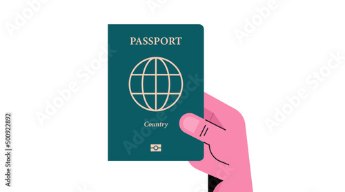 Human hand holding international passport and journey identity flat vector illustration.