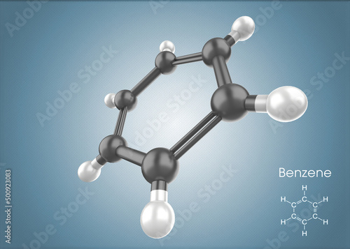 3d rendering of benzene molecular structure. Benzene Molecule Structure, Organic chemical compound, Structural formula. Benzene aromatic hydrocarbon molecule photo