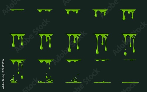 Slime dripping. Zombie green liquid drops animation. Mucus or paint flows. Toxic drop and splats, moving for cartoon, exact vector elements