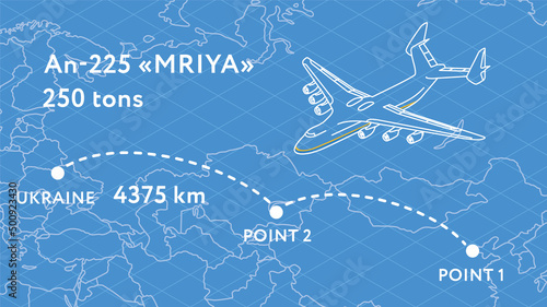 The world s largest transport aircraft. Ukrainian dream Mriya. Tragically bombed on February 24, 2022. Load capacity 250 tons. The route of the flight from China to Ukraine on the map photo