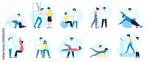 Medical rehabilitation. Rehab persons doing exercise, therapy and treatment services for elderly. Physiotherapy with nurse, recovery recent vector characters