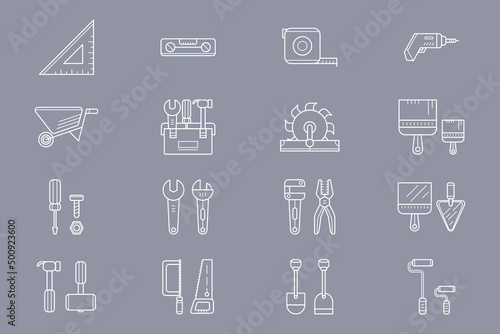 Construction and repair Icons set - Vector outline symbols of wrench, saw, drill, screwdriver, shovel and other tools for the site or interface