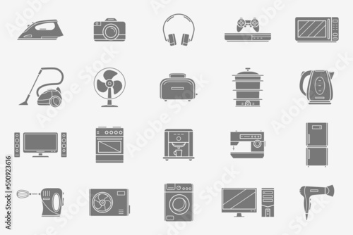 Electronics Icons set - Vector silhouettes of camera, computer, washing machine, television and other appliances for the site or interface