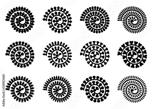 Rolled flower template. Black isolated round flowers stencil cut. Hand made or diy floral design elements with diverse petals. Cutter swanky vector set