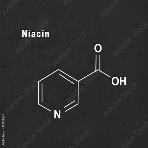 Niacin (nicotinic acid) molecule, vitamin B3 Structural chemical formula photo