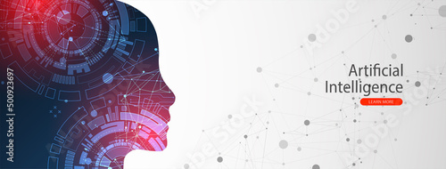 Artificial Intelligence. Technical background with a silhouette of a man. Big data concept. Machine cyber mind.