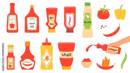 Spicy sauce. Tomato sauces and pepper chilli dressings. Salsa and mustard, mayonnaise in little bowl and bottles. Food taste supplement decent vector kit