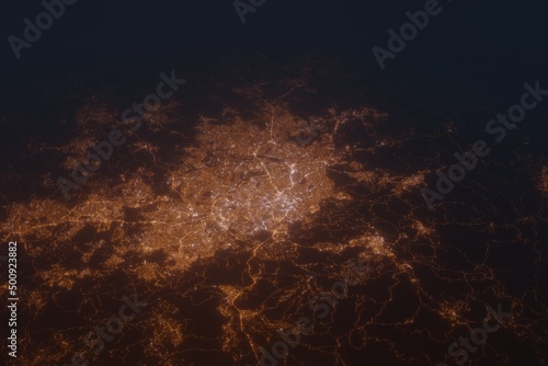 Aerial shot of Belo Horizonte (Brazil) at night, view from south. Imitation of satellite view on modern city with street lights and glow effect. 3d render