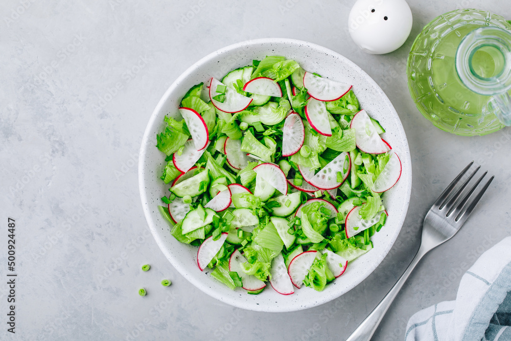 Spring vegetable salad. Fresh radish cucumber salad with green lettuce in bowl Spring vegetable salad. Fresh radish cucumber salad with green lettuce in bowl