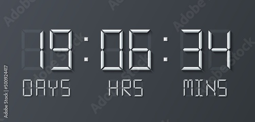 Countdown timer. Digital counter with numbers, alarm clock electronic display. Stopwatch with info about day minutes and hours, web board exact vector concept