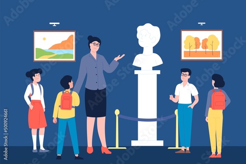 Museum excursion. Child friends in art gallery with teacher look at culture ancient object. Children visit artist exhibit, young visitors recent vector scene