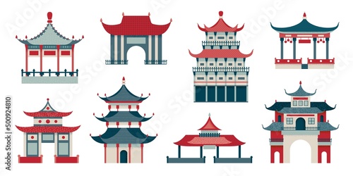 Asian style buildings. Korean houses and chinese palaces. Isolated ancient temple building, traditional oriental gates. Chinatown swanky architecture vector set