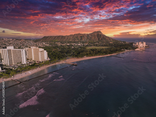 Sunset Aerial view of Waikiki Beach in Hawaii and Diamon Head