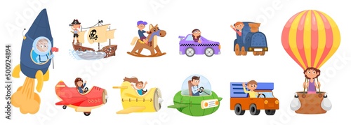 Cartoon kids in transport. Child airplane, children and vehicles and boat. Funny kid in truck and hot air balloon. Boy in rocket decent vector set