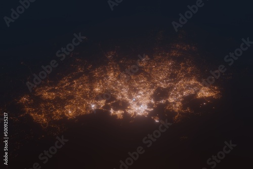 Aerial shot of Helsinki (Finland) at night, view from south. Imitation of satellite view on modern city with street lights and glow effect. 3d render © Hairem