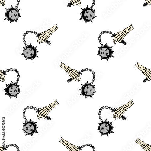 SKELETON HAND WITH MORGENSTERN COLOR SEAMLESS PATTERN WHITE BACKGROUND